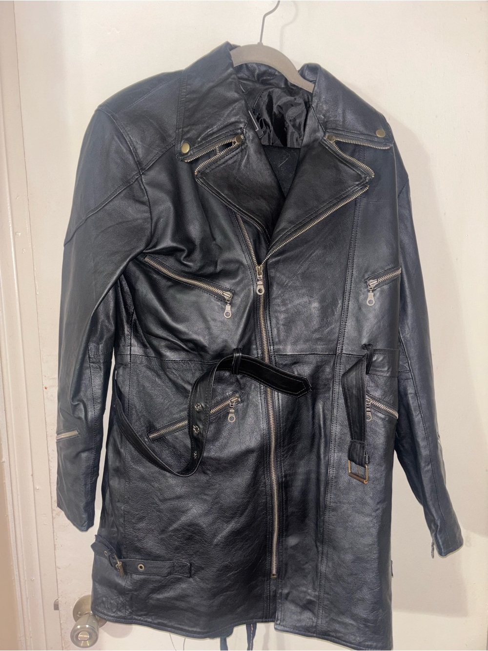 Men's Black Leather Bomber Jacket with Belt